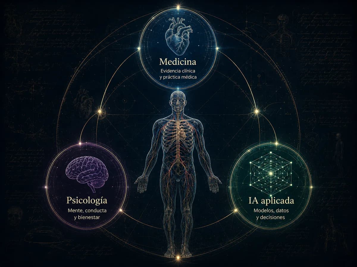 Cuerpo humano en el centro conectado a tres saberes: Medicina (evidencia clínica y práctica médica), Psicología (mente, conducta y bienestar) e IA aplicada (modelos, datos y decisiones).